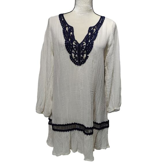 Eberjey Women's Sz M/L Cream Beach Cover Up Tunic Dress Navy Crochet Lace Gauzy - Picture 1 of 6